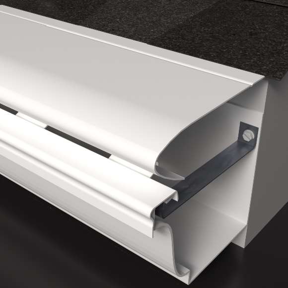 Rain Armor Pro solid aluminum gutter protection system with roof-matched finish installed under the roof edge protecting the roof line