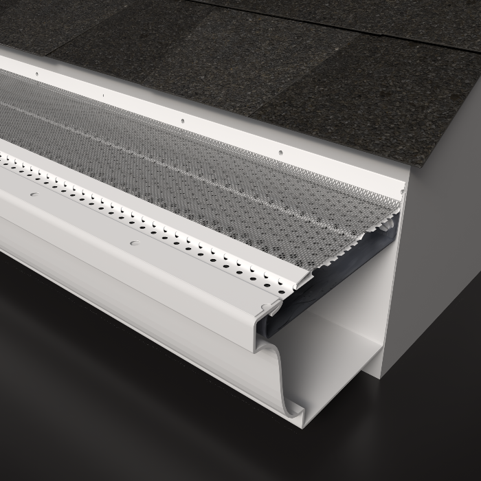 Rain Armor Max all-aluminum micro-mesh gutter guard system installed inside the gutter blocking fine debris and pine needles