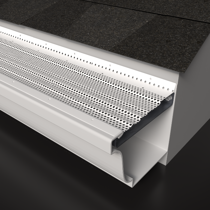 Rain Armor X micro-perforated aluminum gutter guard installed inside the gutter